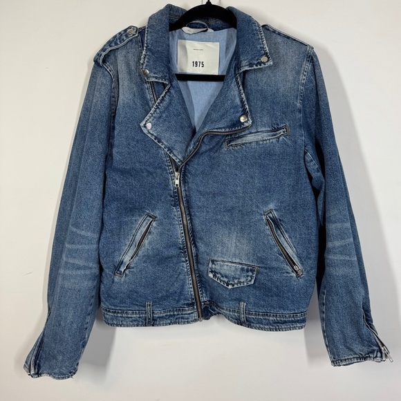Zara Denim Blue Moto Biker Jean Jacket Distressed Jacket Size L - Picture 2 of 13